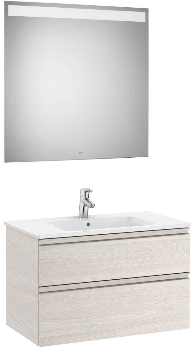 Roca - Pack (base unit with two drawers, central basin and LED mirror)-NORDIC ASH