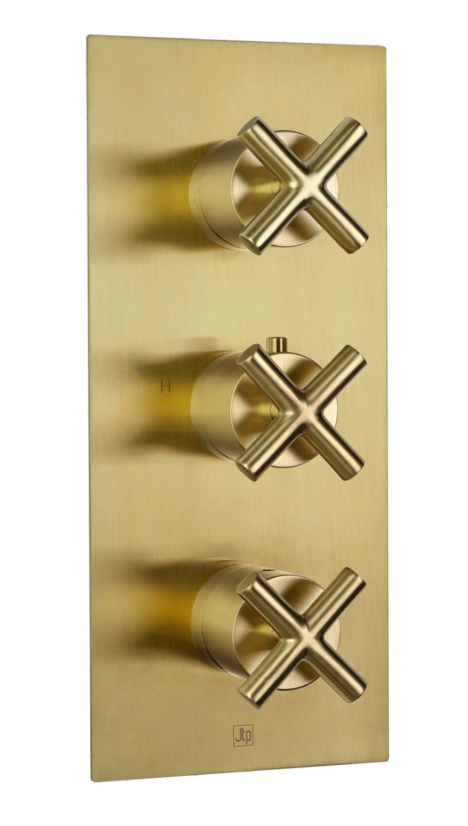 Solex thermostatic concealed 2 outlet shower valve, vertical Brushed Brass