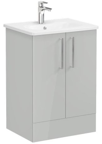 Root Flat Washbasin Unit 60cm, High Gloss Pearl Grey, with doors ,floor-standing
