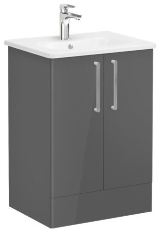 Root Flat Washbasin Unit 60cm, High Gloss Anthracite, with doors ,floor-standing