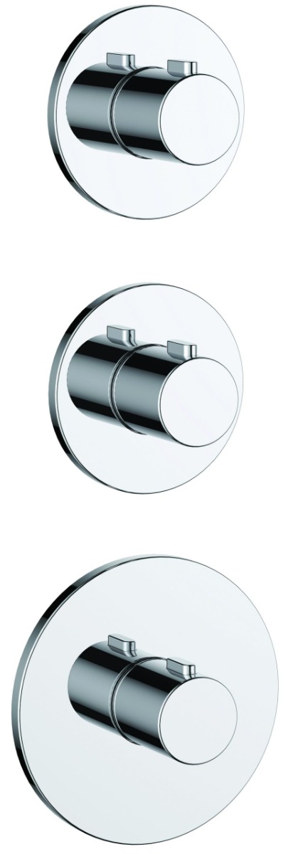 Hugo 3 handle 2 outlet thermostatic shower valve on single plates, can be mounted horizontally or vertically