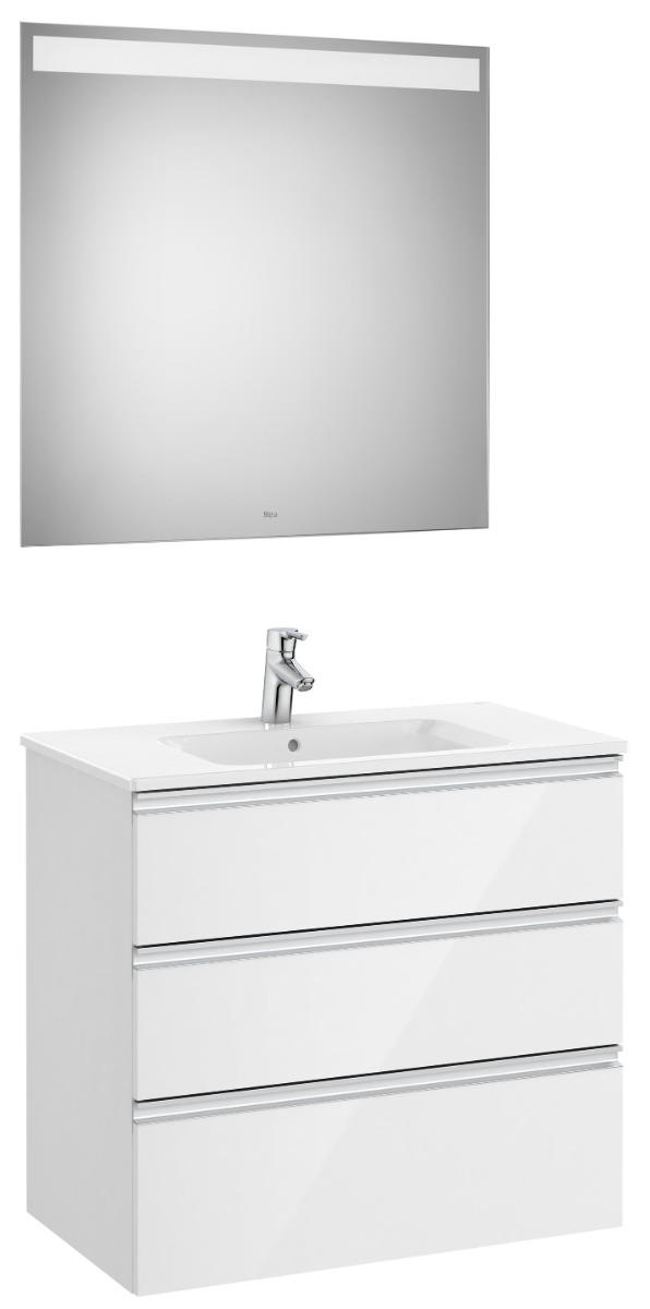 Pack (base unit with three drawers, central basin and LED mirror)-GLOSS WHITE