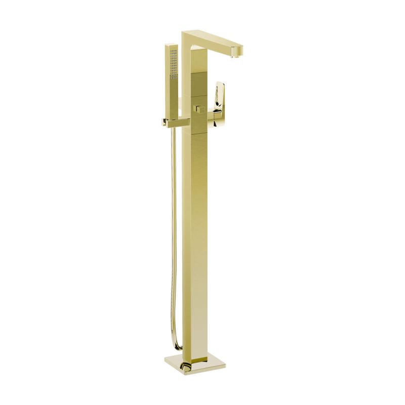 Root Square Bath Mixer Gold, Floor-standing bath mixer with hand shower, square