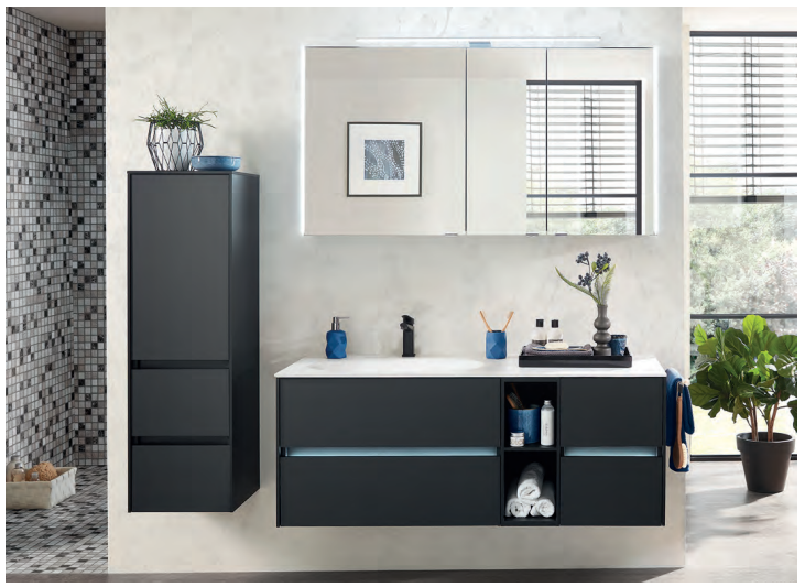 Series 6010 Vanity Unit 1400mm, Side unit & Mirror Cabinet - Black matt