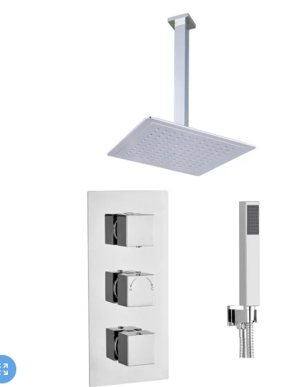 Bruma Square Concealed 3 Handle 2 Way Shower Set Ceiling Kit Chrome 