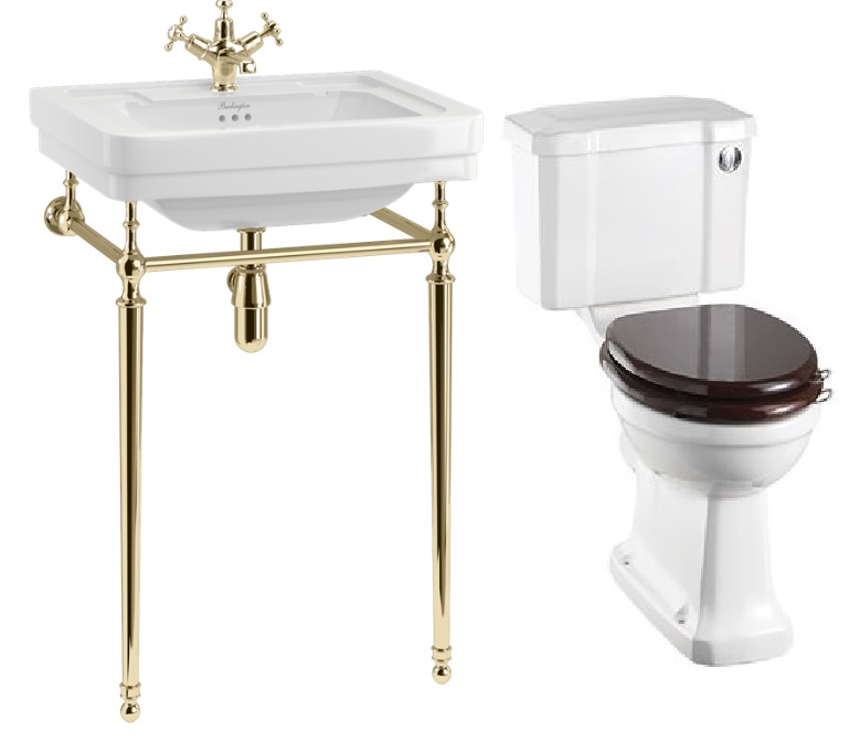 Basin with Gold Washstand & Close Couple Toilet with Cistern