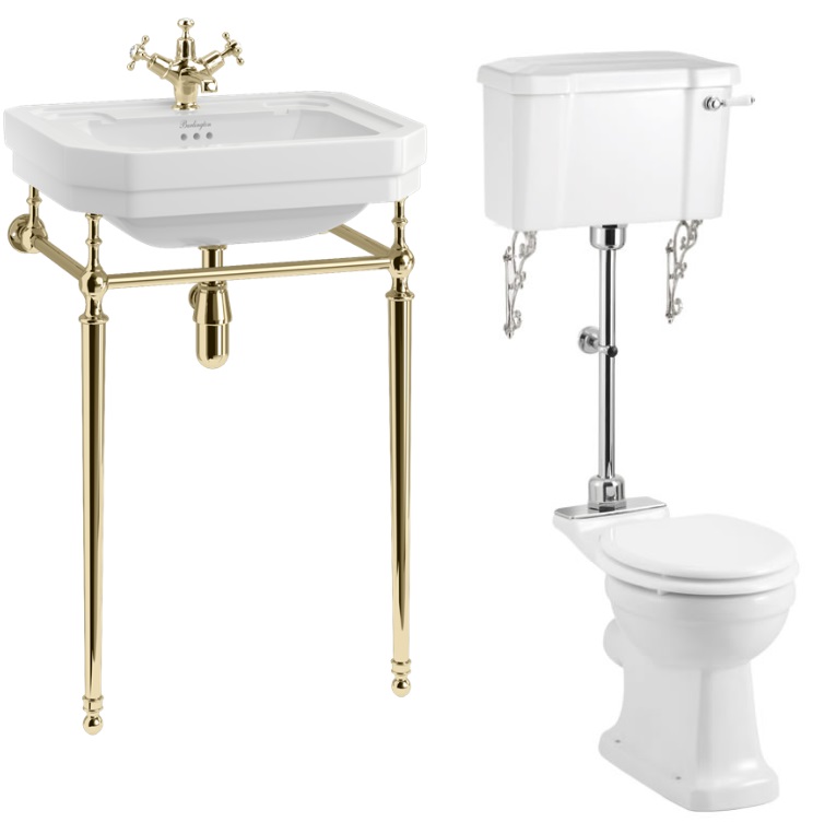 Basin Gold Washstand & Closed Coupled Toilet with Cistern -610mm