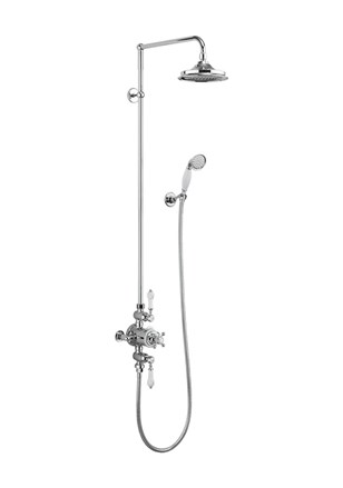 Avon Thermostatic Exposed Shower Valve Dual Outlet,Rigid Riser, Swivel Shower Arm, Handset & Holder with Hose with Rose-Chrome with White accent and 6" Rose