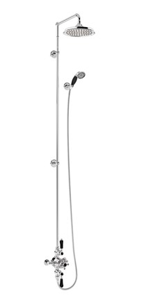 Avon Thermostatic Exposed Shower Valve Dual Outlet,Extended Rigid Riser, Swivel Shower Arm, Handset & Holder with Hose with Rose-with Black accent and 6" Rose