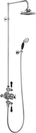 Avon Thermostatic Exposed Shower Valve Dual Outlet,Rigid Riser, Swivel Shower Arm, Handset & Holder with Hose with Rose-Chrome with Black accent and 6" Rose