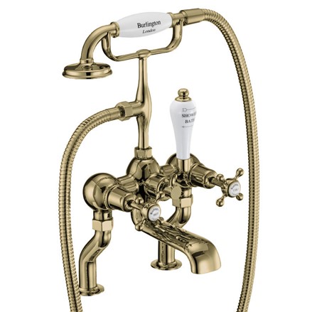 Claremont Bath Shower Mixer Deck Mounted CL15-Quarter turn with White accent in Gold