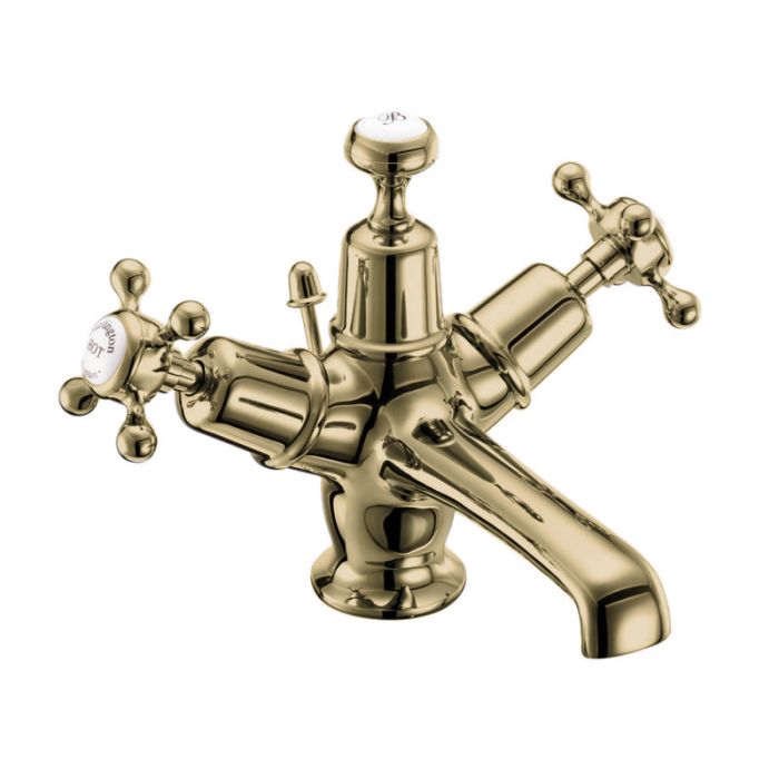 Claremont Basin Mixer with Pop-up Waste Quarter turn with white accent in gold