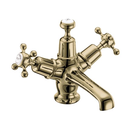 Claremont Basin Mixer with Click-Clack Waste Quarter turn with white accent in Gold