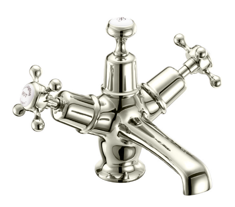 Claremont Basin Mixer with Click-Clack Waste Quarter turn with white accent in Nickel