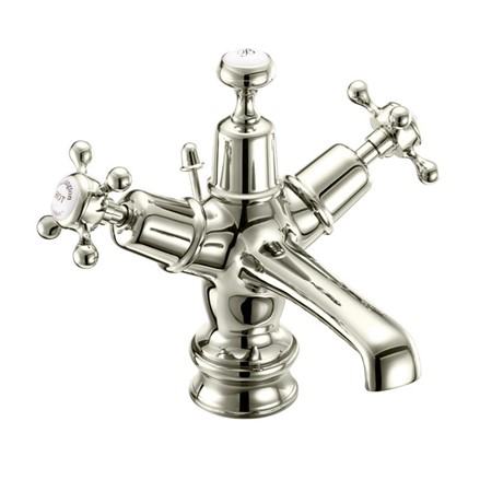 Claremont Regent Basin Mixer with Pop-up WasteCLR4-QT NKL-Quarter turn with White accent in Nickel