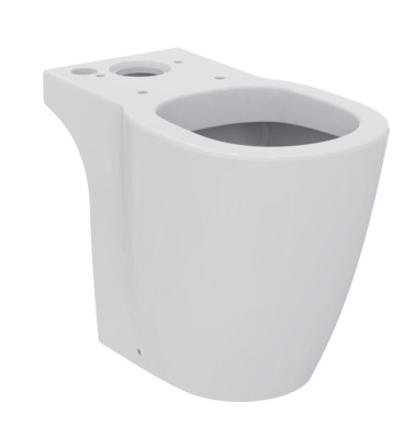 Close coupled raised height toilet pan