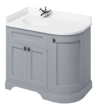 Freestanding 100 LH Curved Corner Unit with White Worktop and Integrated White Basin Classic Grey