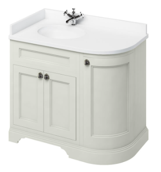 Freestanding 100 LH Curved Corner Unit with White Worktop and Integrated White Basin Sand