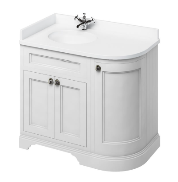 Freestanding 100 LH Curved Corner Unit with White Worktop and Integrated White Basin