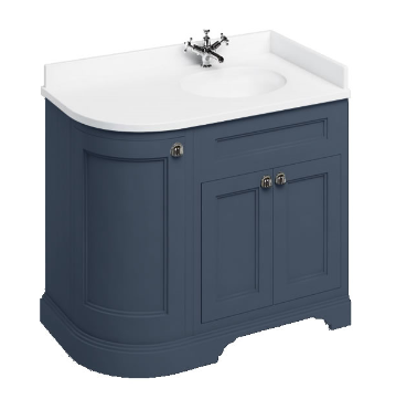 Freestanding 100 RH Curved Corner Unit with White Worktop and Integrated White Basin Blue