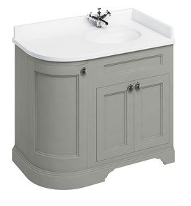 Freestanding 100 RH Curved Corner Unit with White Worktop and Integrated White Basin Dark Olive