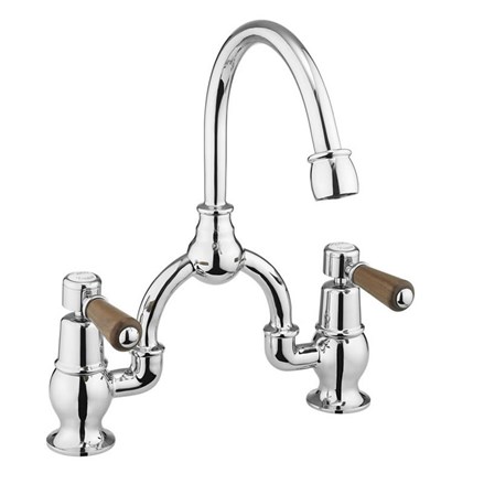 Kensington 2 Tap Hole Arch Mixer with Curved Spout (230mm centres)KE28-QT-Quarter turn with Walnut accent