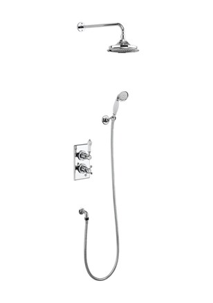 Thermostatic Dual Outlet Concealed Divertor Shower Valve , Fixed Shower Arm, Handset & Holder with Hose with Rose-white
