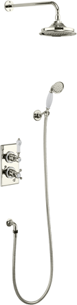 Trent Thermostatic Dual Outlet Concealed Divertor Shower Valve , Fixed Shower Arm, Handset & Holder with Hose with Rose-Nickel with White accent and 9" Rose