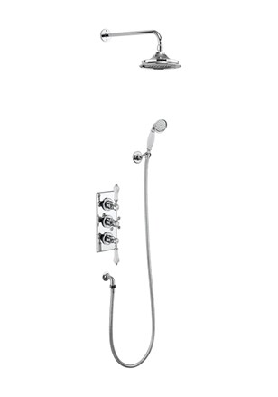 Trent Thermostatic Dual Outlet Concealed Shower Valve , Fixed Shower Arm, Handset & Holder with Hose with Rose-with White accent and 6" Rose